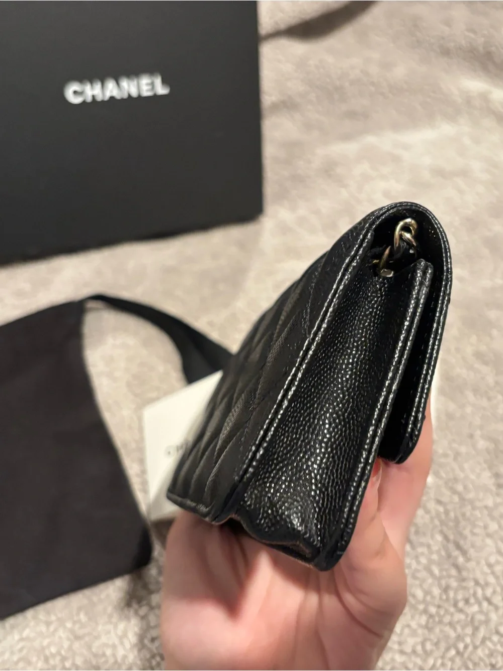 CHANEL Black Quilted Mini Flap Wallet on Chain with Gold CC